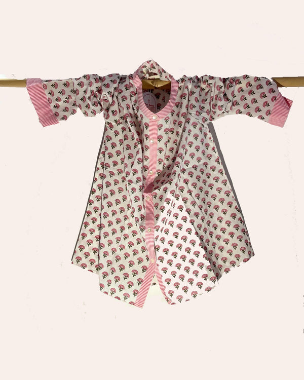Camicia donna cotone stampato a mano motivo floreale fiordaliso vista frontale