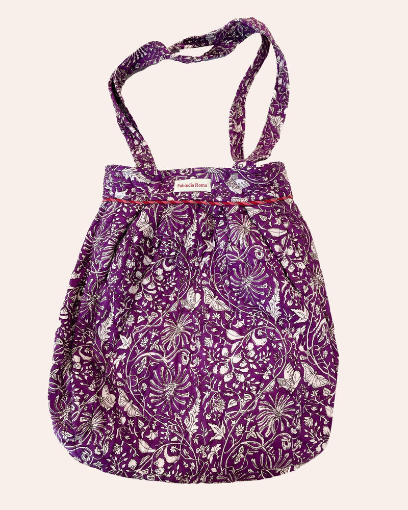 Borsa Croc Purple Rain cotone trapuntato stampato viola block print vista frontale