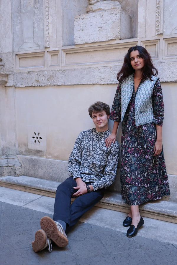 Gilet Moghul Yan cotone reversibile azzurro stampato vista frontale