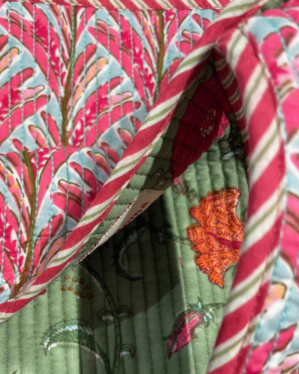 Shopper Roma Green Dream dettaglio stampa foglie block print cotone