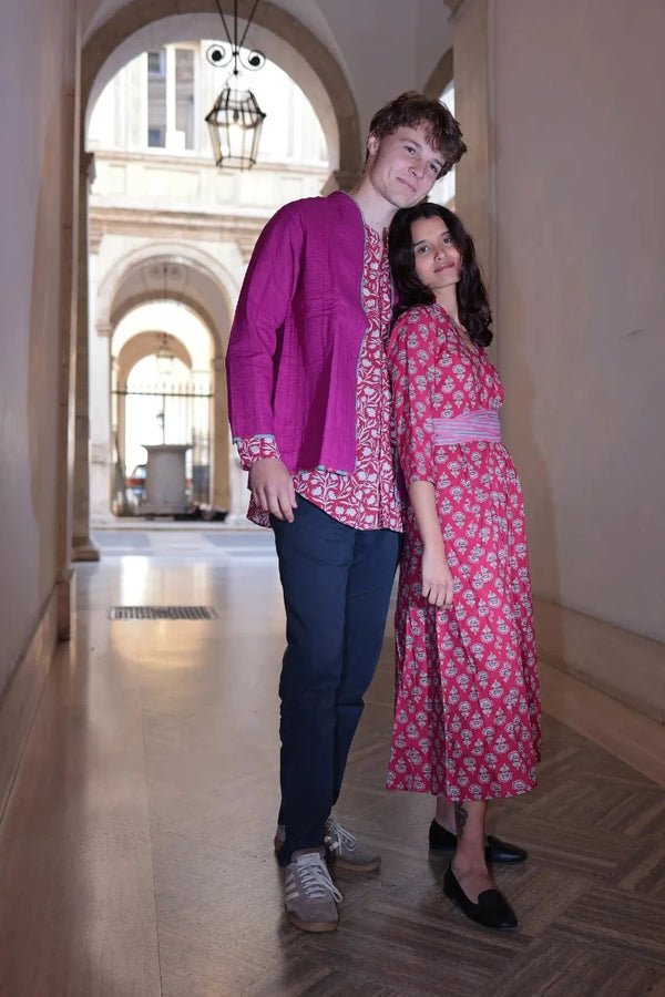 Vestito lungo Fragola cotone stampato a mano dettaglio tessuto e motivo