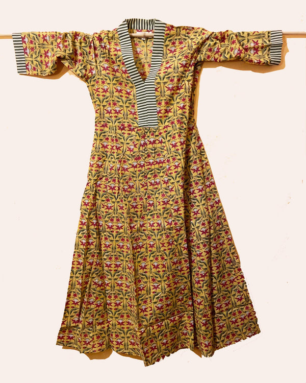 Kaftano donna cotone stampato a mano toni ambra Amber vista frontale