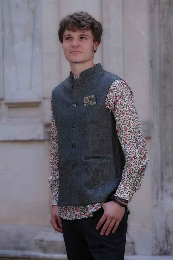 Nehru Jacket Almora gilet lana tweed grigio vista frontale