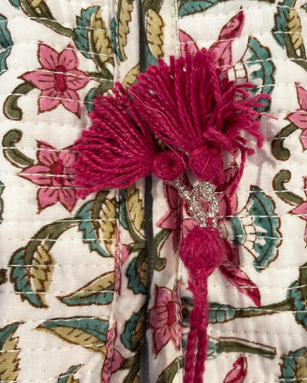 Astuccio Passiflora cotone block print dettaglio stampa floreale viola