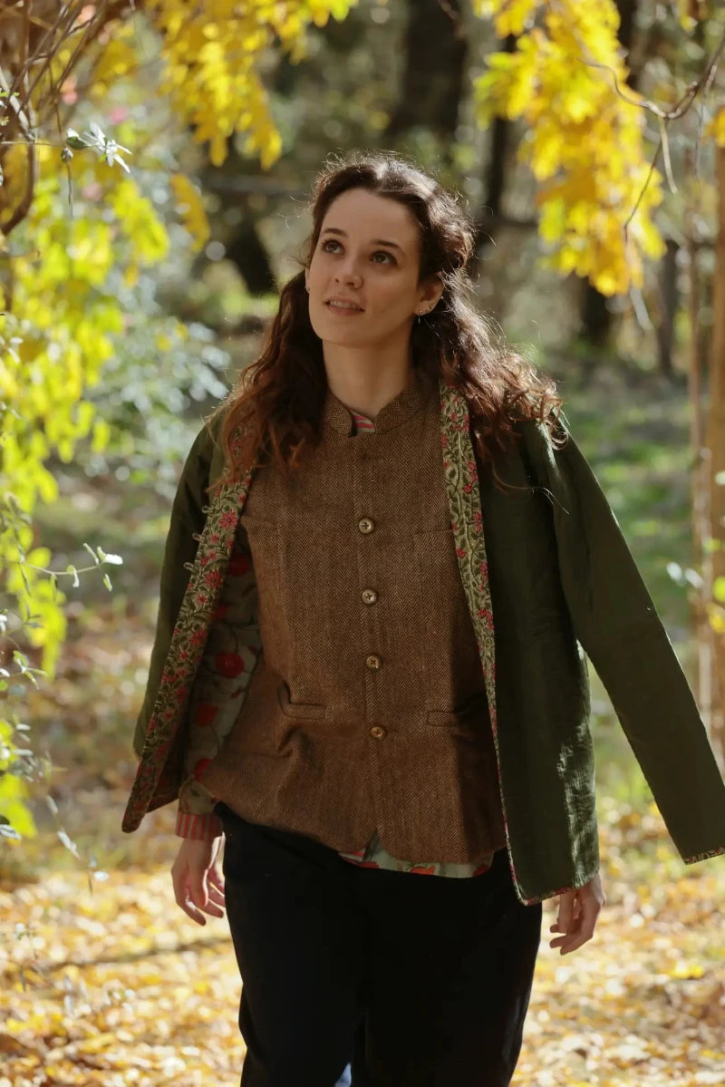 Nehru Jacket Fitted Lucy gilet donna lana tweed vista frontale
