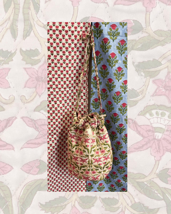 Polty Bag pochette cotone trapuntato forma sacchetto coulisse