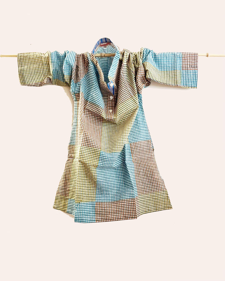 Kurta donna cotone patchwork quadretti gingham azzurro oliva e terracotta vista frontale