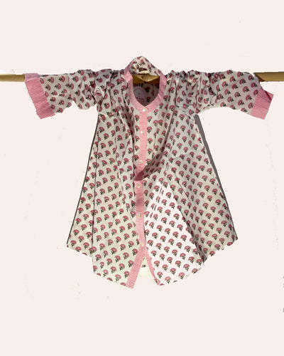 Camicia donna cotone stampato a mano motivo floreale fiordaliso vista frontale