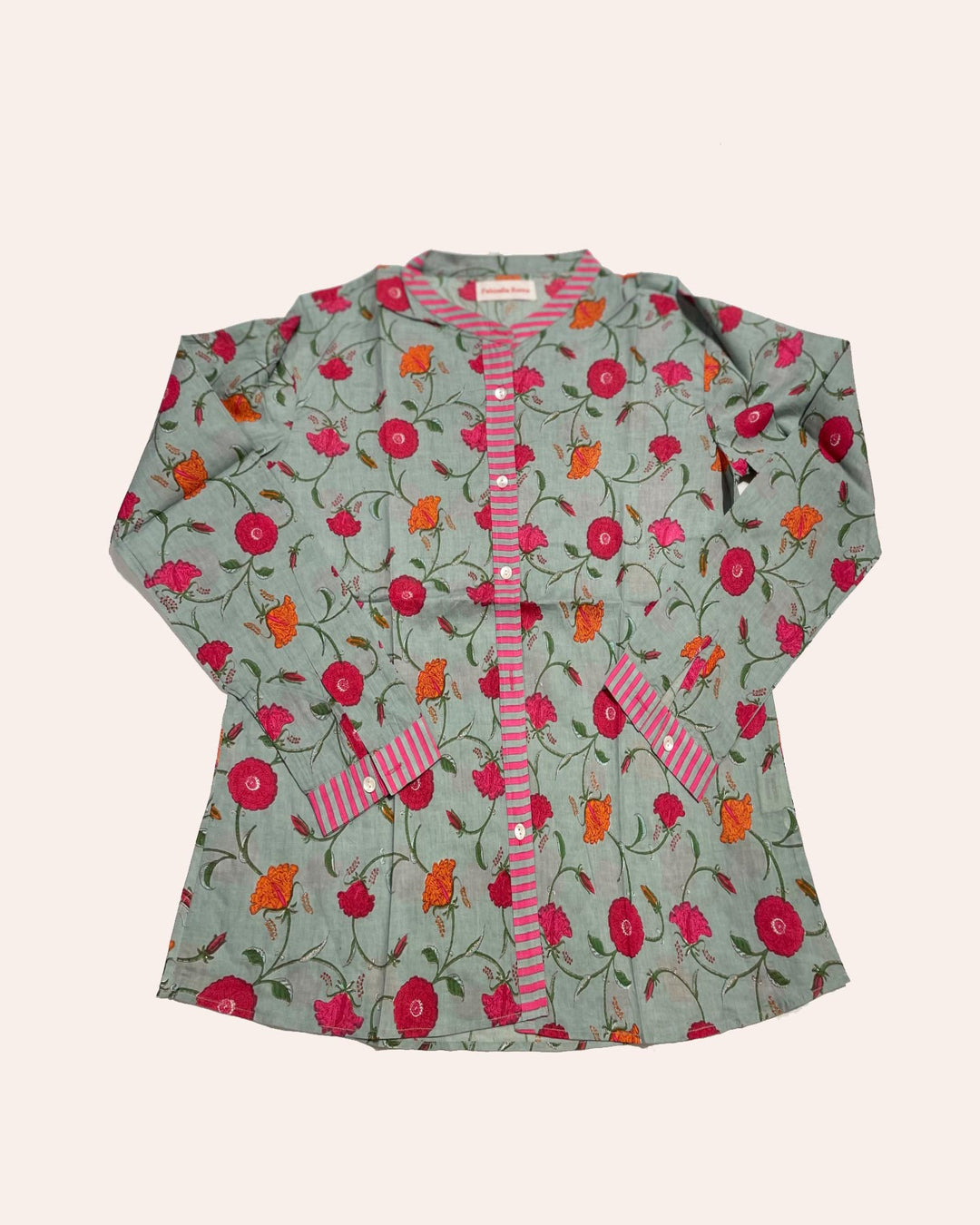 Camicia donna cotone stampato a mano motivo floreale Samarcand su fondo verde salvia