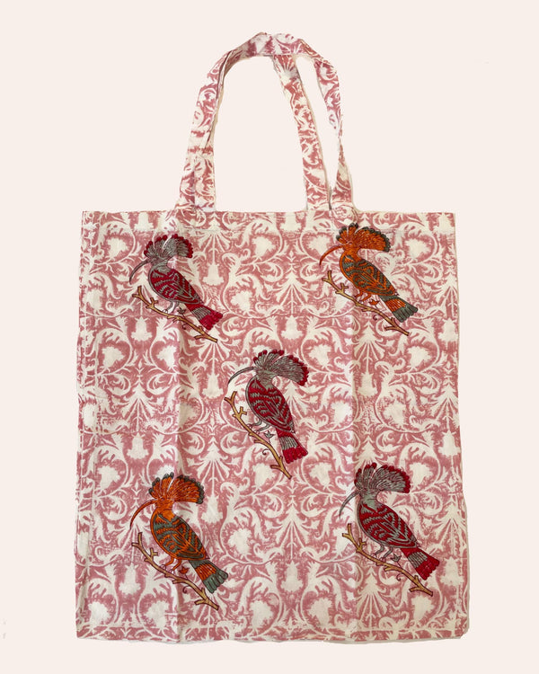 Shopper Upupa cotone stampato block print motivo uccelli foglie vista frontale