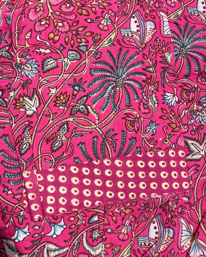 Vestito lungo Corsica cotone stampato a mano dettaglio tessuto e motivo decorativo