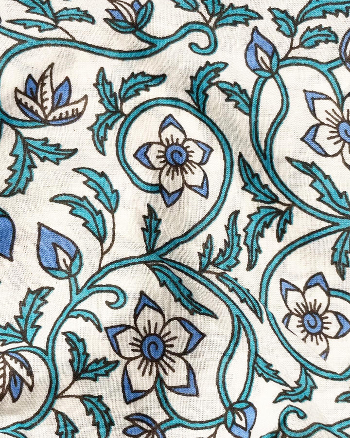 Kaftano Fiordaliso dettaglio stampa cotone indiano toni azzurri block print