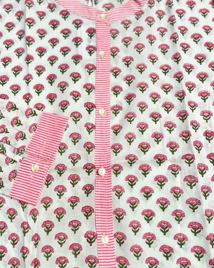 Camicia Bibi Fiordaliso dettaglio stampa floreale block print cotone indiano