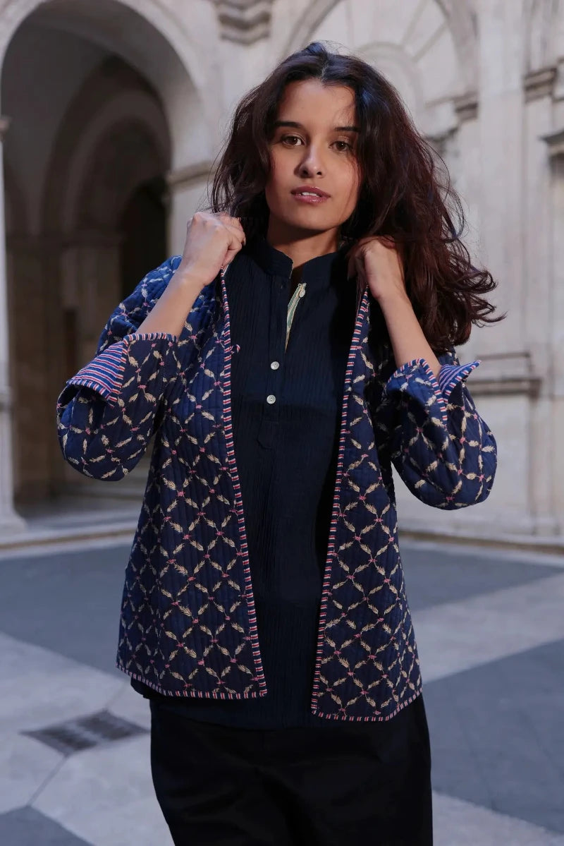 Giacca trapuntata reversibile Edward cotone blu e bianco vista frontale