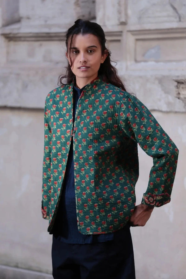 Giacca morbida Fiore Tibet dettaglio tessuto cotone stampato fiori stilizzati