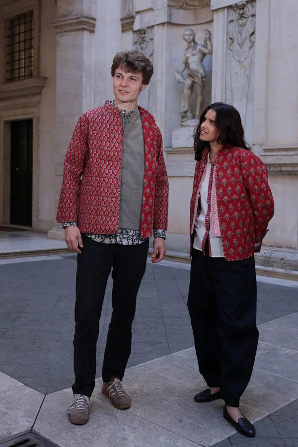 Giacca morbida trapuntata Ghosh cotone rosso stampato vista frontale