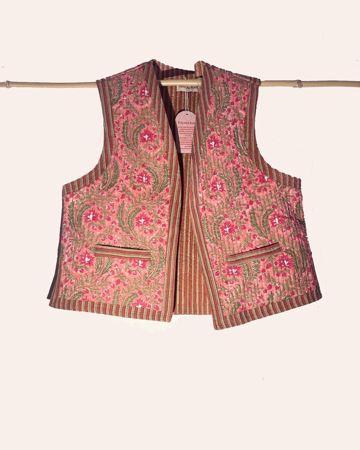 Gilet Moghul Chettinar dettaglio tessuto cotone stampato a mano