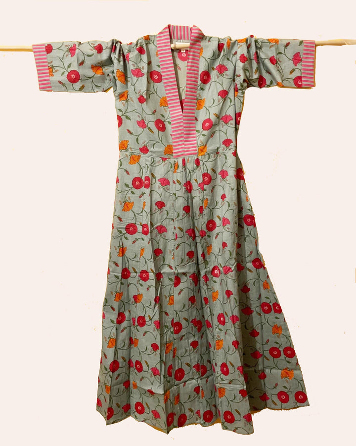 Kaftano donna cotone stampato a mano motivo floreale Ellis Flower vista frontale