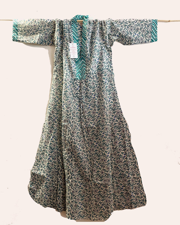 Kaftano donna cotone block print azzurro fiordaliso vista frontale