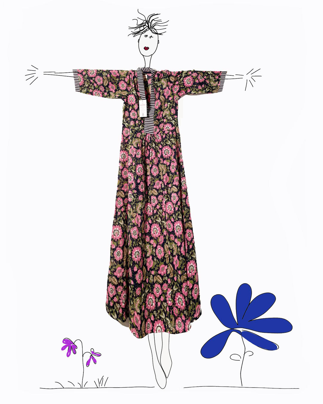 Kaftano Roma cotone stampato indossato da modella look completo Fabindia