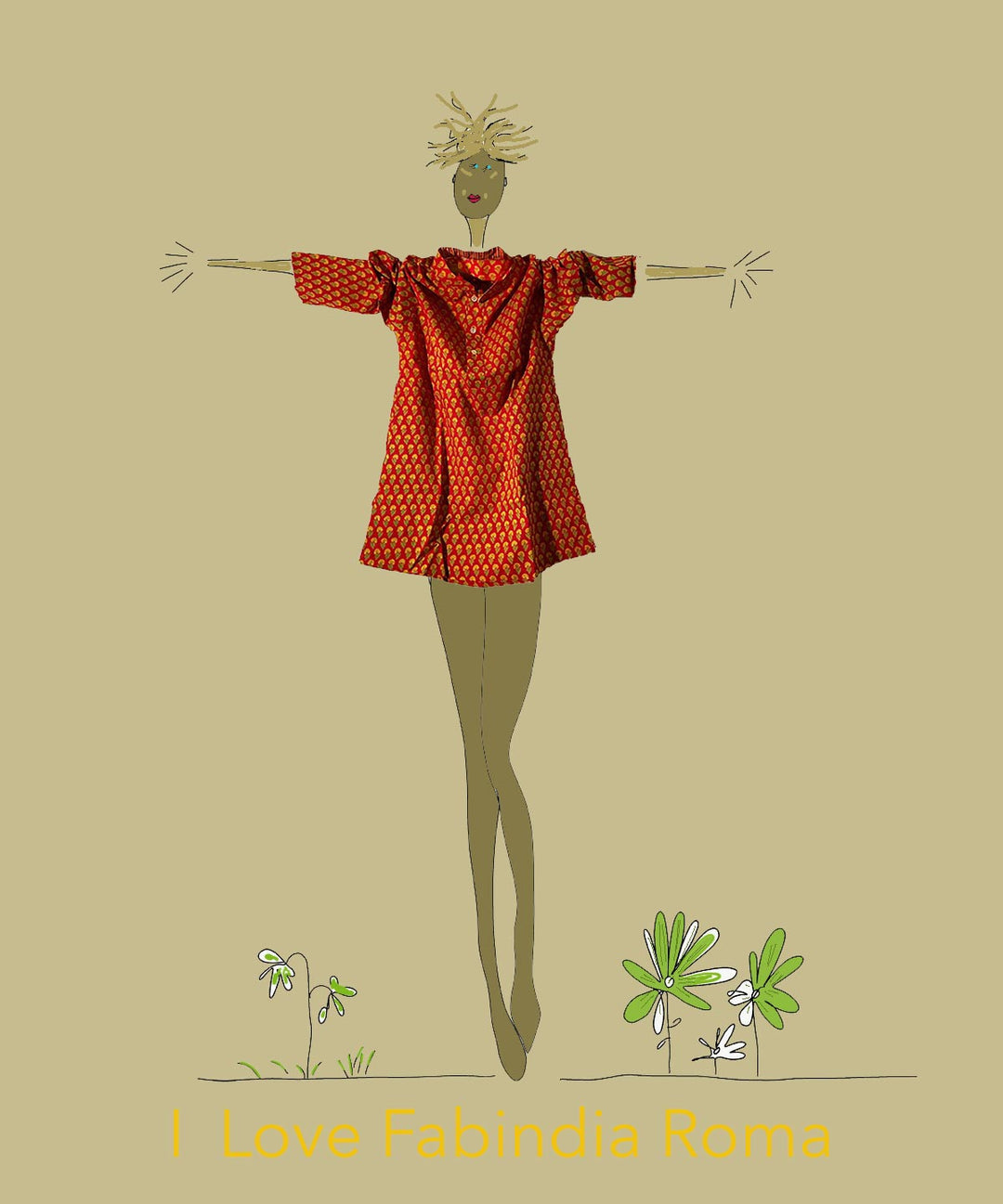 Illustrazione artistica modella con kurta indiana cotone stampato Fabindia Roma